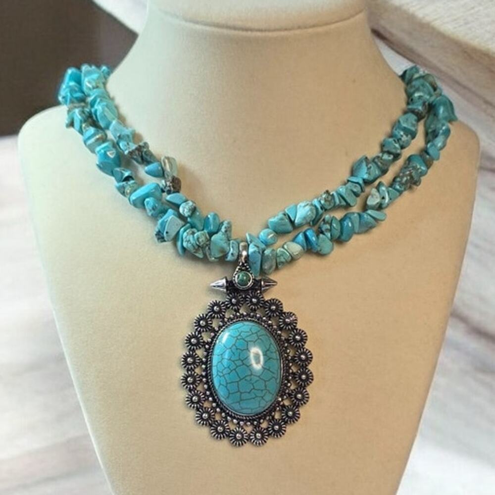 Jules Turquoise Statement Necklace Double Strand Large Pendant Southwestern Bold